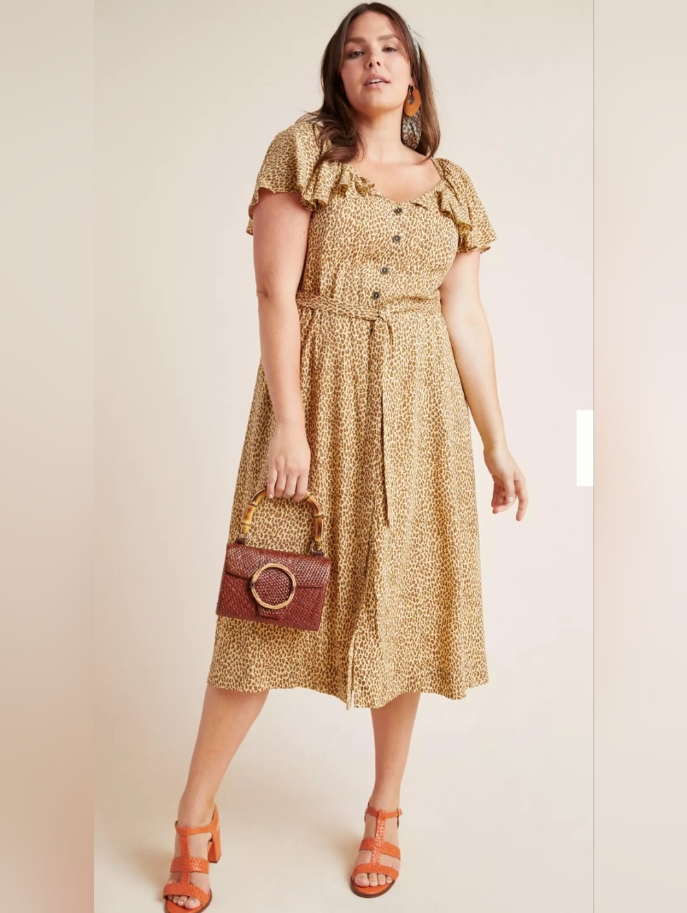 Anthropologie Bolano Dress Midi Cheetah Print Ruffle Sleeve Size 14